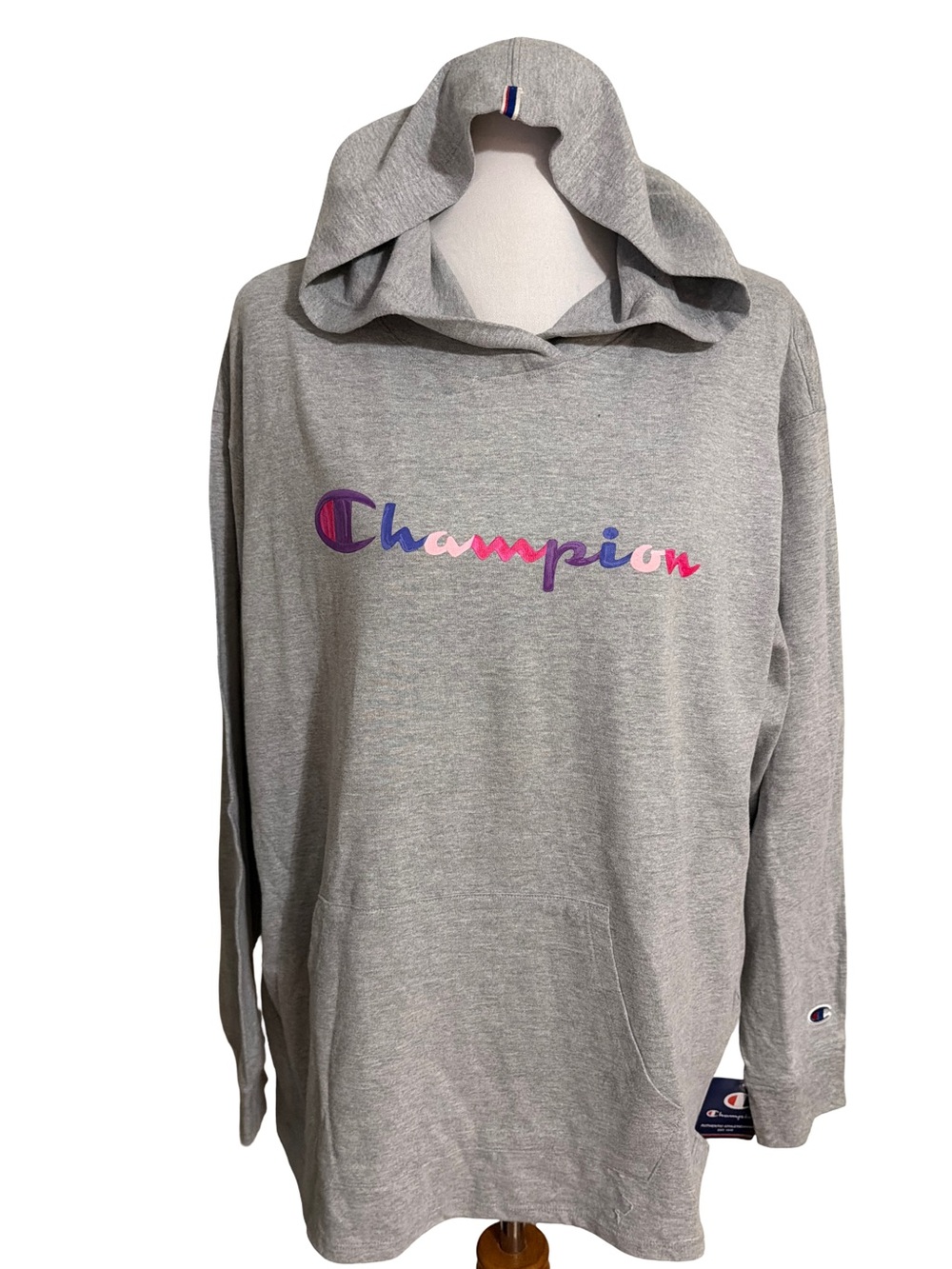 Champion Hoodie Light Gray Pink Blue Script Logo